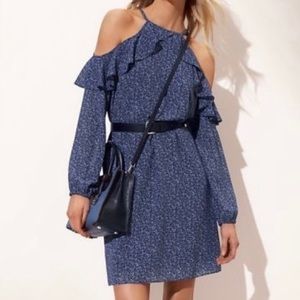 Michael Kors Blue Floral Print Ruffle Trim Cold Shoulder Poly Chiffon Dress